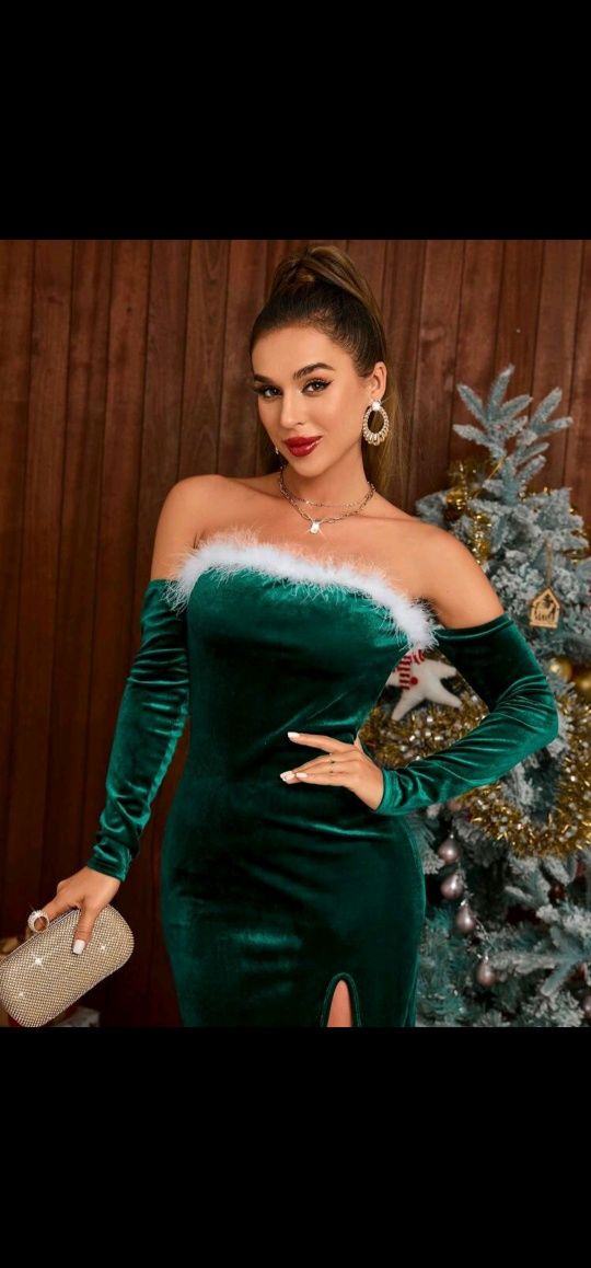 Świąteczna sukienka elegancka XL butelkowa zieleń welurowa mikołajka