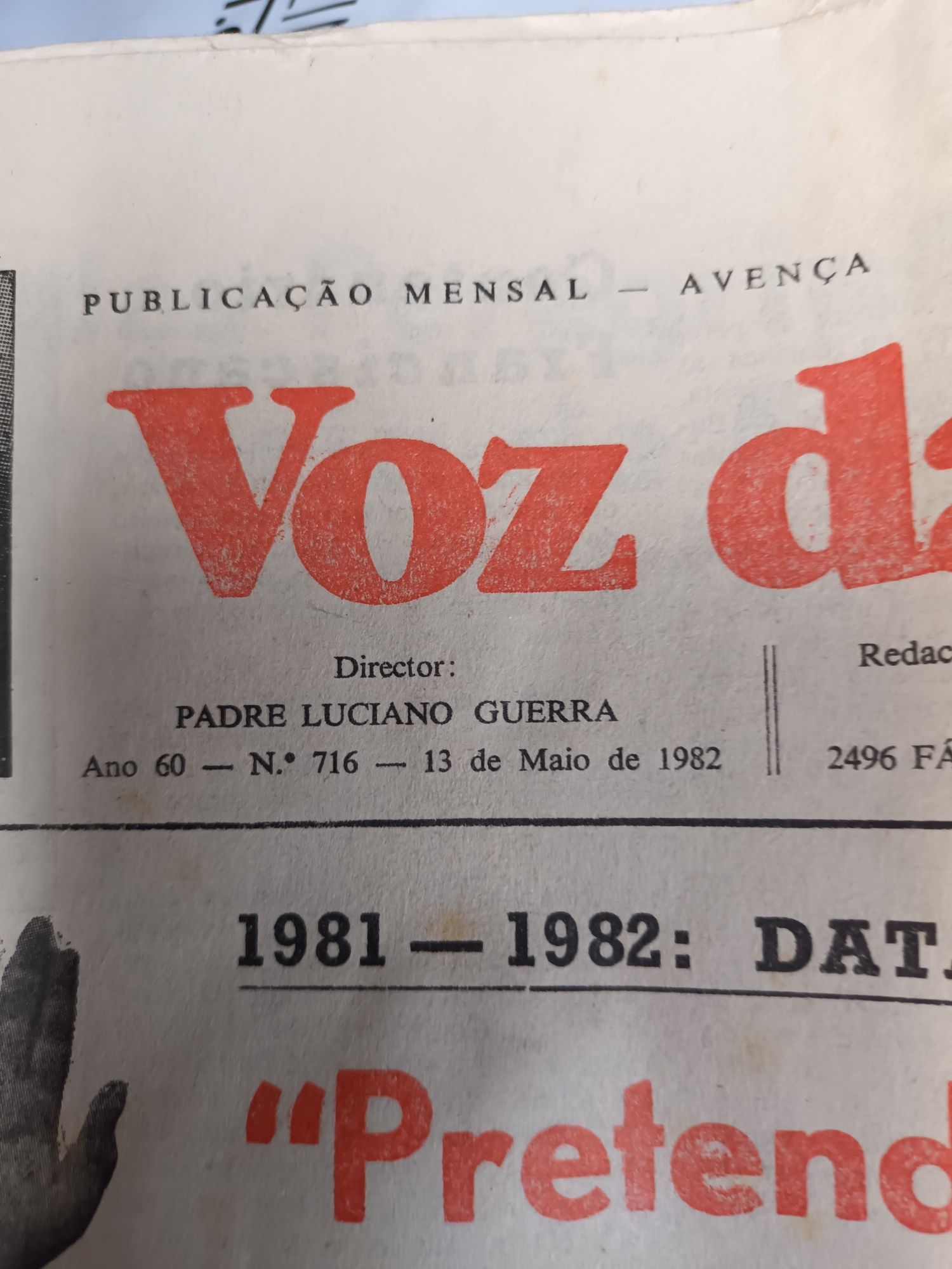 Antigo e raro jornal antigo a voz da Fátima  de 13 maio 1982