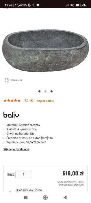 baliv Umywalka kamień nablatowa kamień rzeczny szara