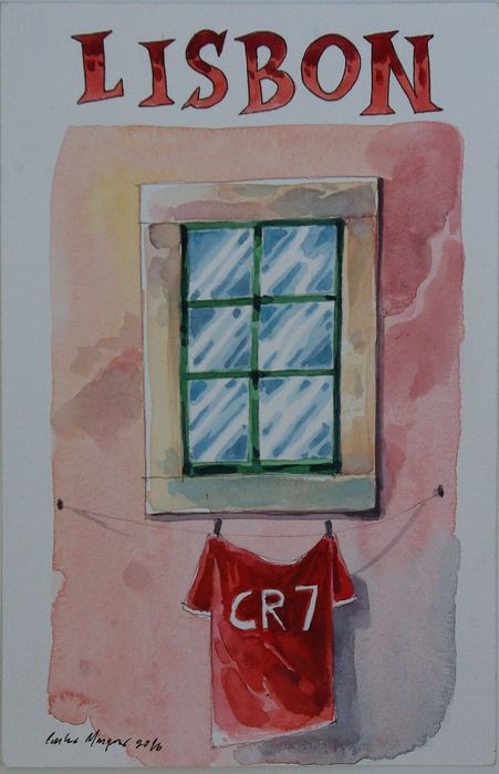 Aguarela original de Carlos Marques. Lisboa, Janela, Futebol.