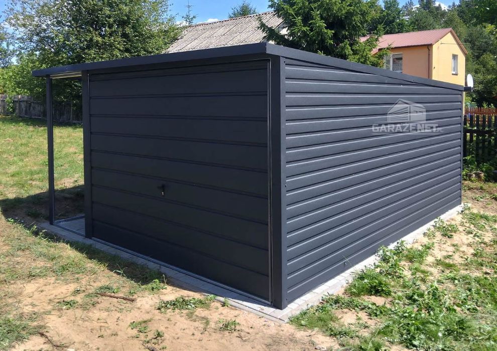 GARAŻ BLASZANY 3m X 5m + Wiata 1M. Brama Uchylna Antracyt 3X5 GB316