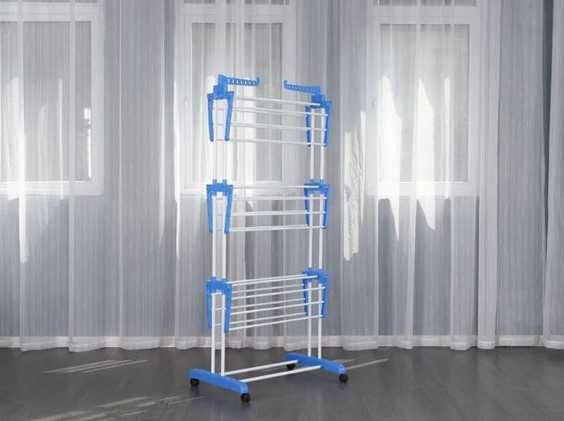 Сушарка для одягу багатоярусна на колесах складна металева стійка