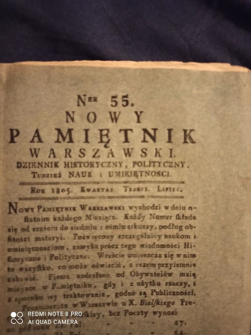 Zabytek Pamiętnik Warszawski 1805 r 2 szt