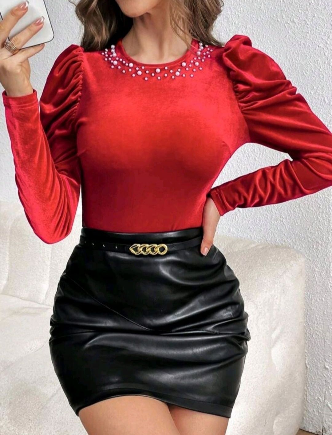 Nowa czerwona welurowa bluzka XL Glamour perełki