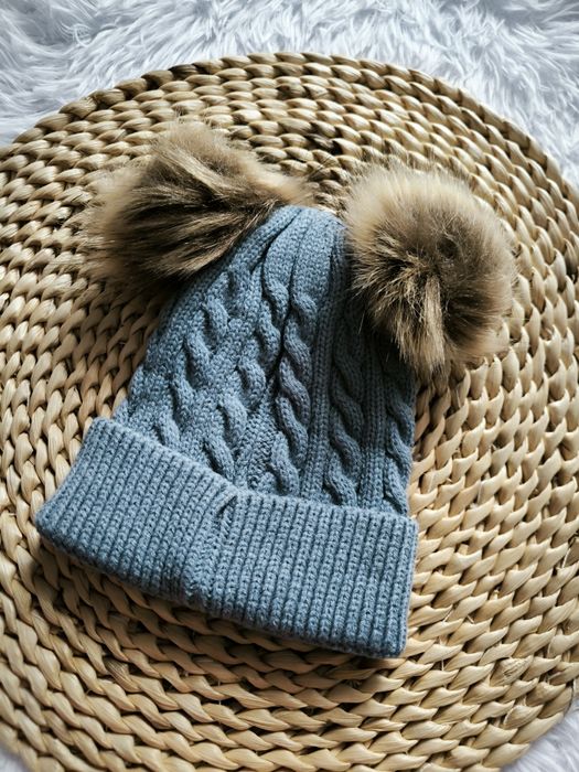 Czapka jesienno-zimowa z dwoma pomponami szara 1-3 lata