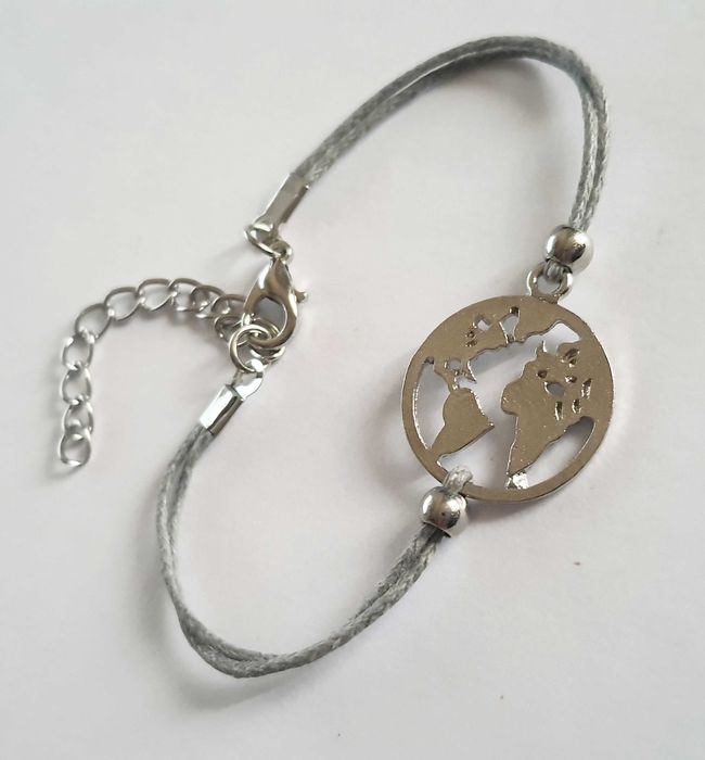 Bransoletka Stal Chirurgiczna Na Sznurku Srebrna Kula Ziemska