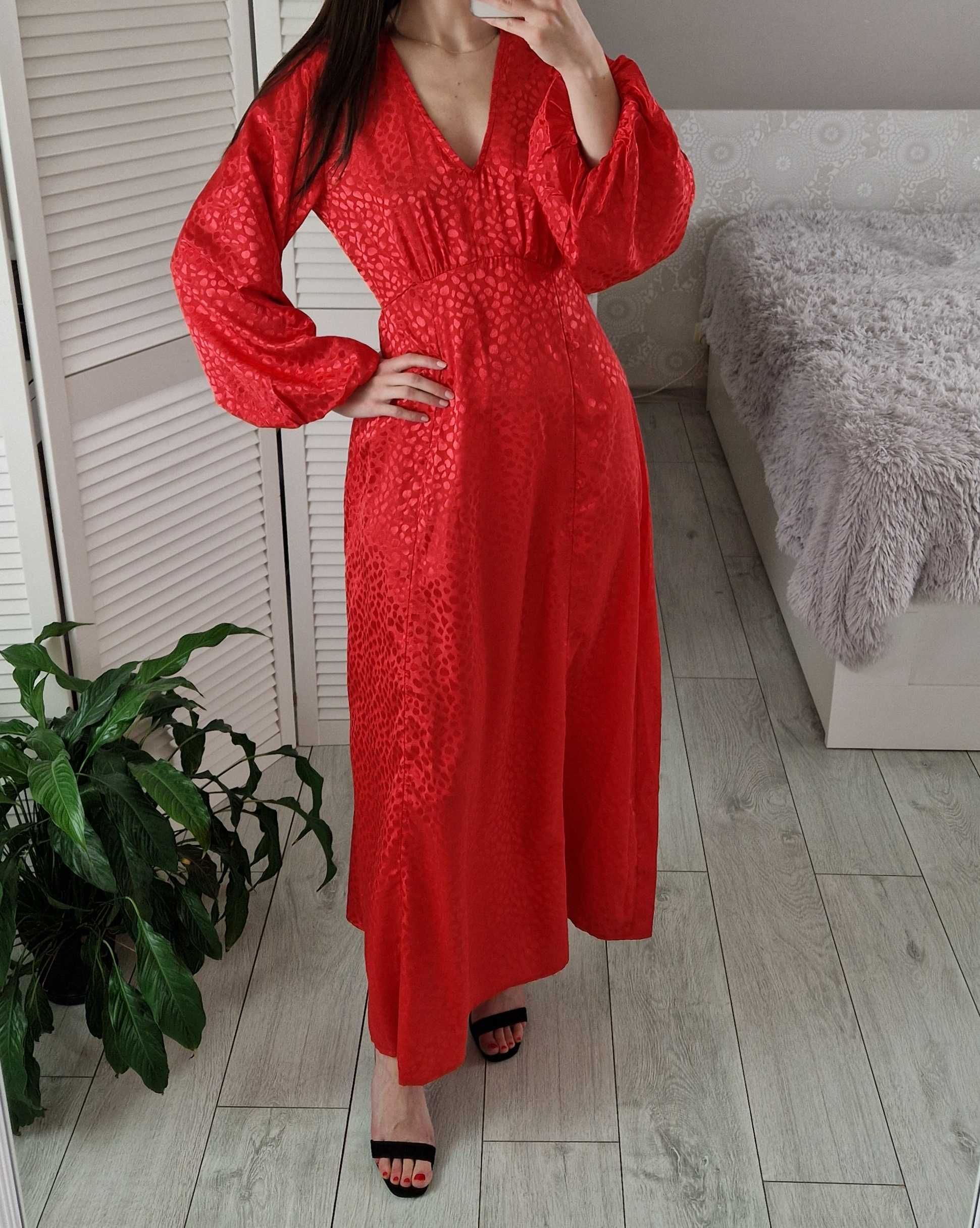 Asos czerwona satynowa sukienka midi maxi z długim rękawem wesele XS S