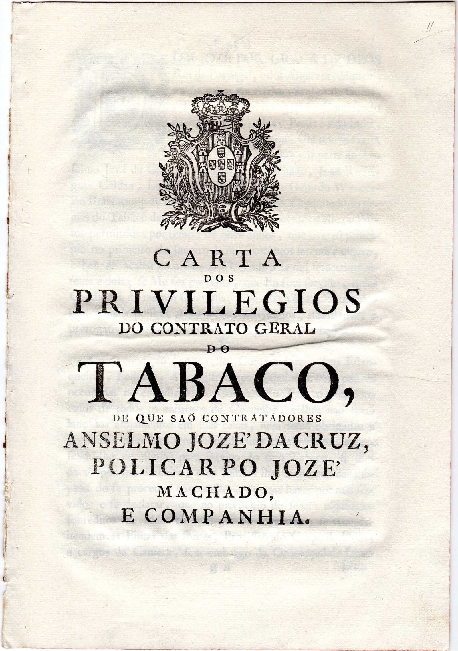 Carta dos Privilégios do Contrato Geral do Tabaco - 1765