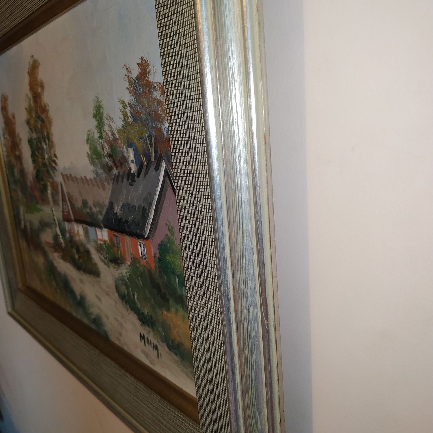 Obraz olejny płótno Malm pejzaż wiejskie chaty z brzozami skandyn
