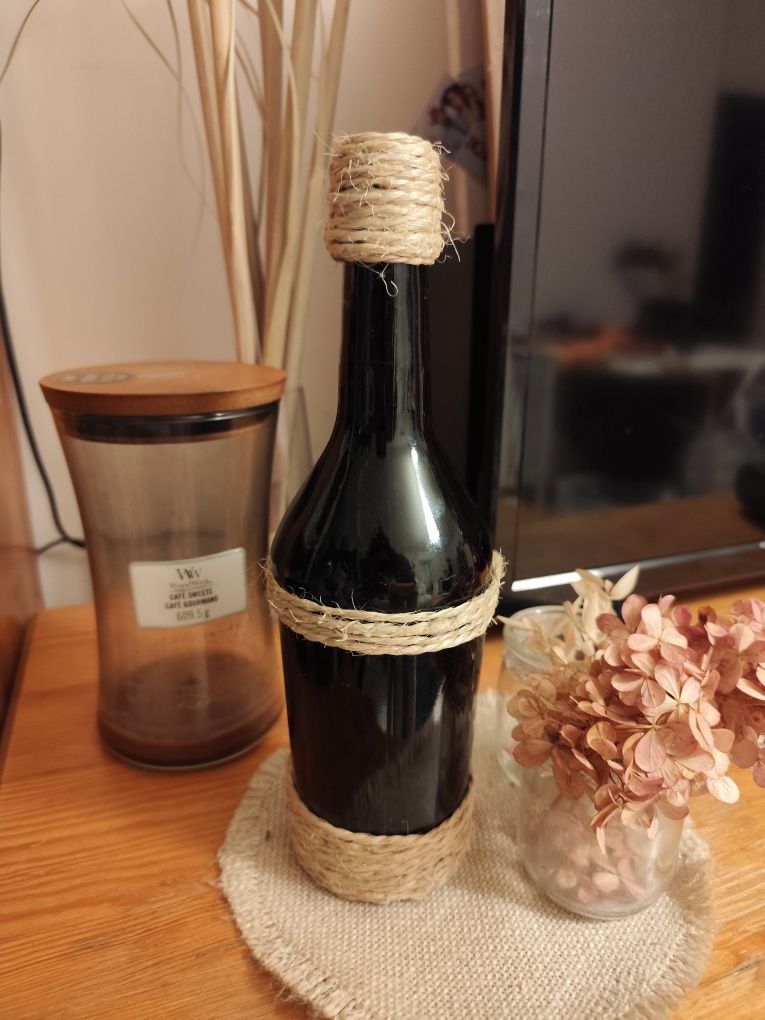 Butelka czarna boho z jutą ozdoba wazon rustykalna dekoracja handmade