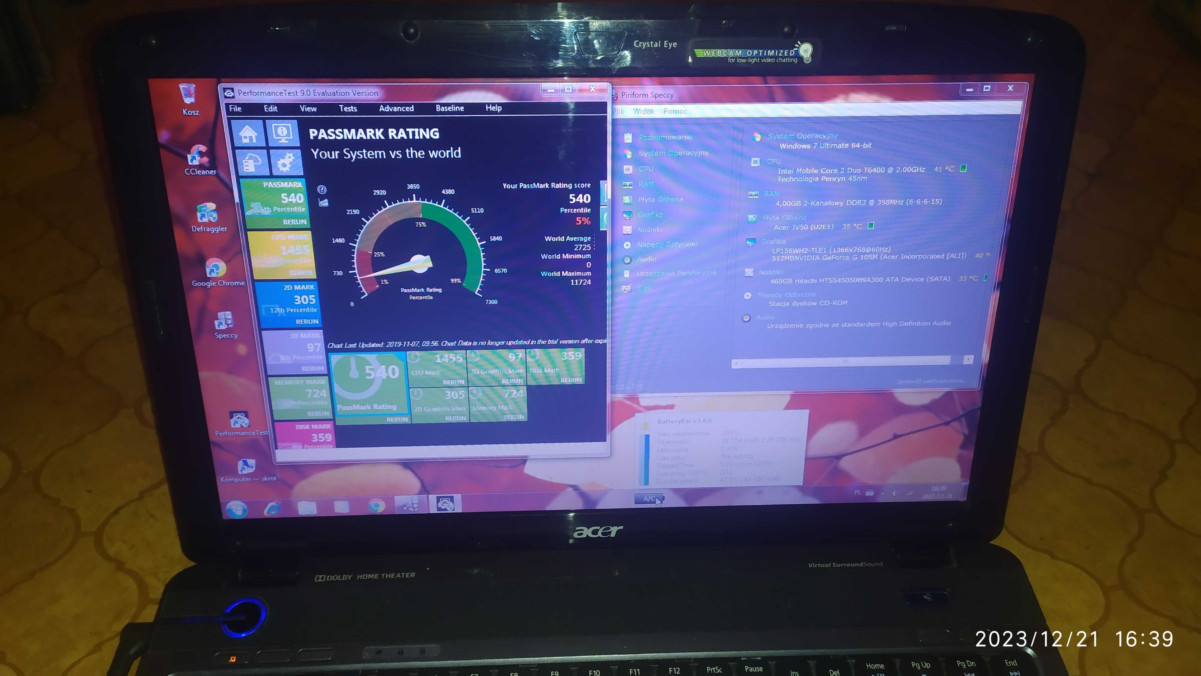 Laptop 15,6 Acer ASPIRE 5738G Intel Core 2x NVidia GeForce Win7 10 SSD