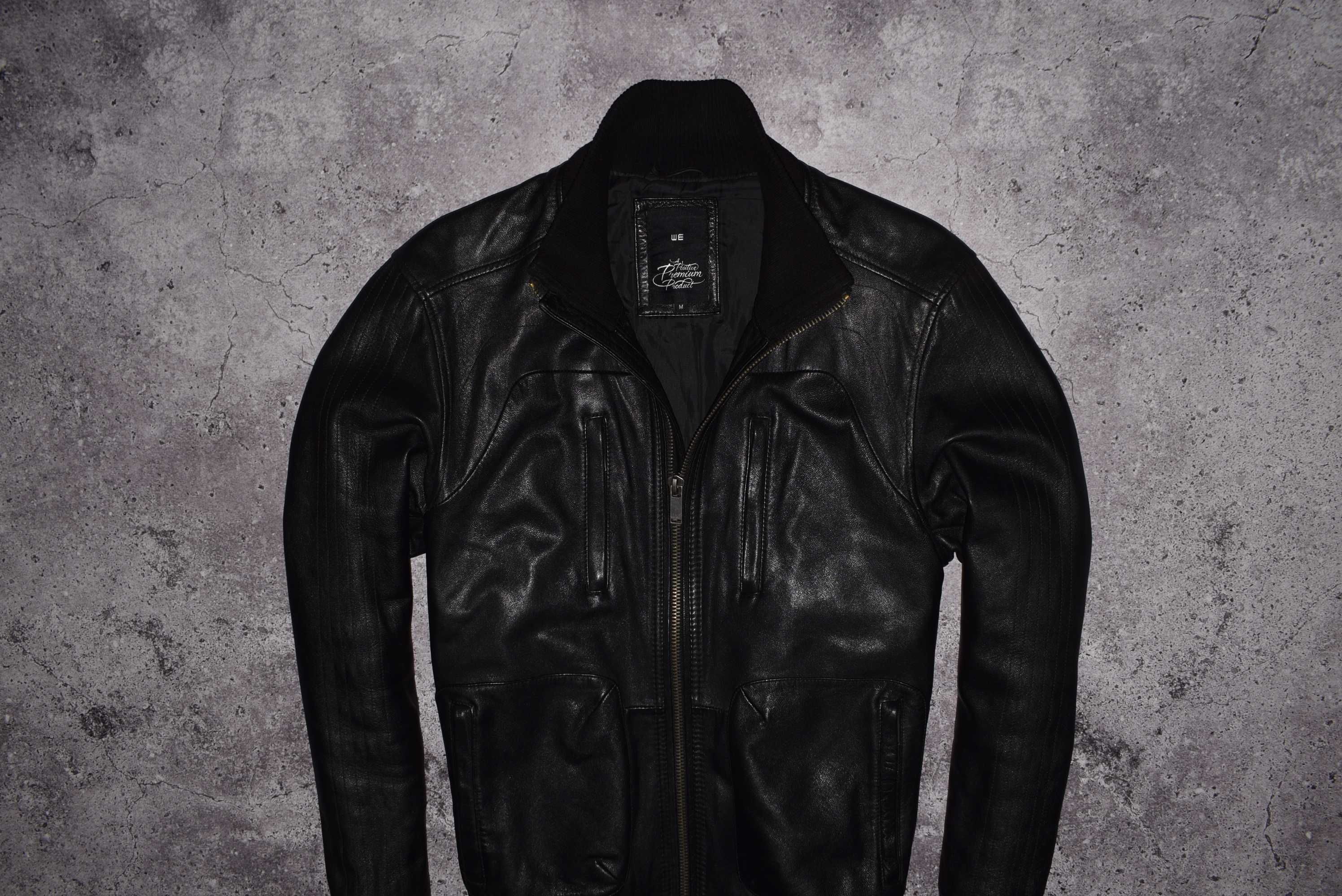 We Premium Leather Jacket (Мужская Черная Кожаная Куртка Бомбер )