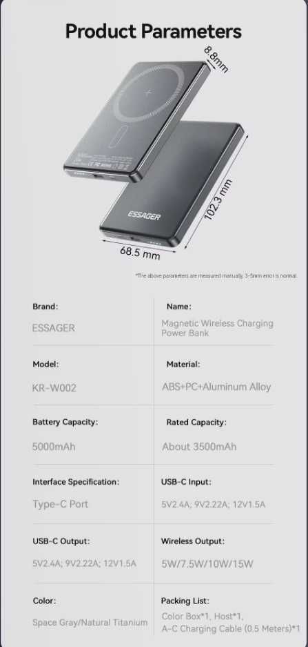 Ультратонкий Essager 5000mAh MagSafe Повербанк iphone 12 13 14 15 16