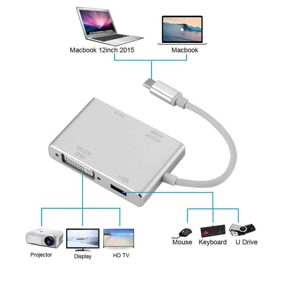 Cabo Conversor USB 3.1 Tipo C para HDMI / DVI / VGA / USB 3.0 Portátil