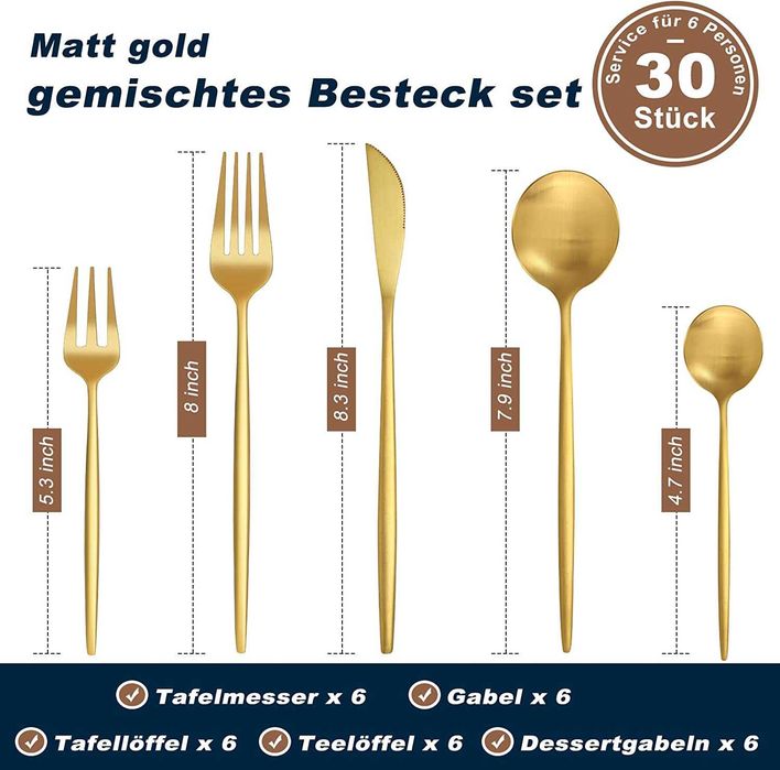 Conjunto de talheres novos dourados mate, 30 peças