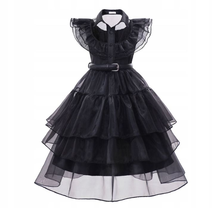 HALLOWEEN STRÓJ WEDNESDAY addams sukienka peruka 110-146 cm