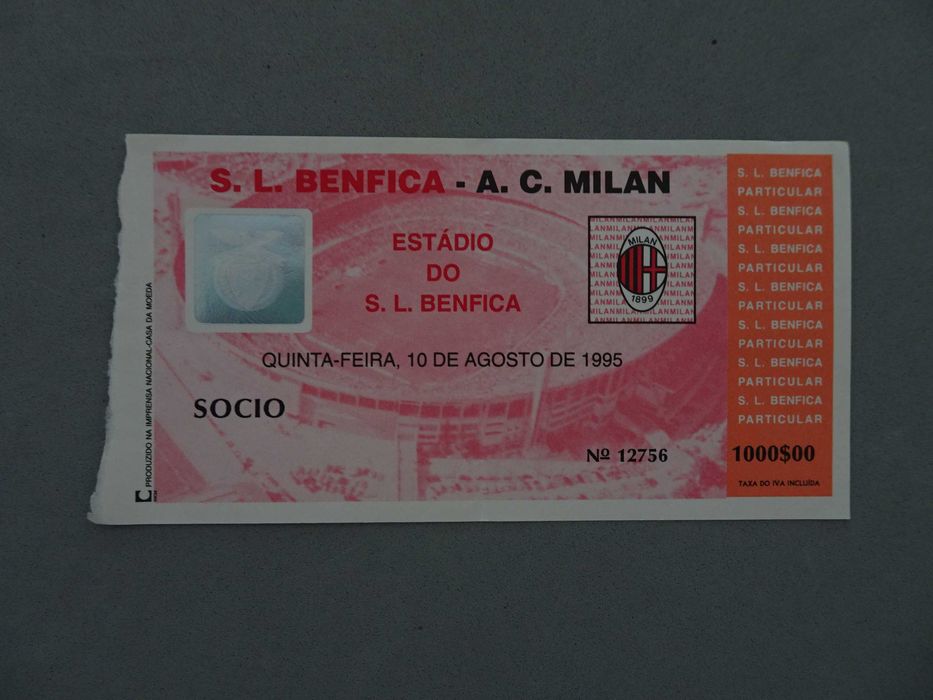 Bilhete de Futebol Benfica Milan 1995
