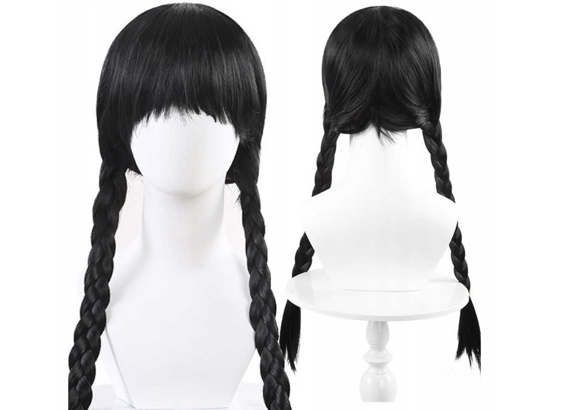 Czarna peruka Wednesday Addams warkocze grzywka