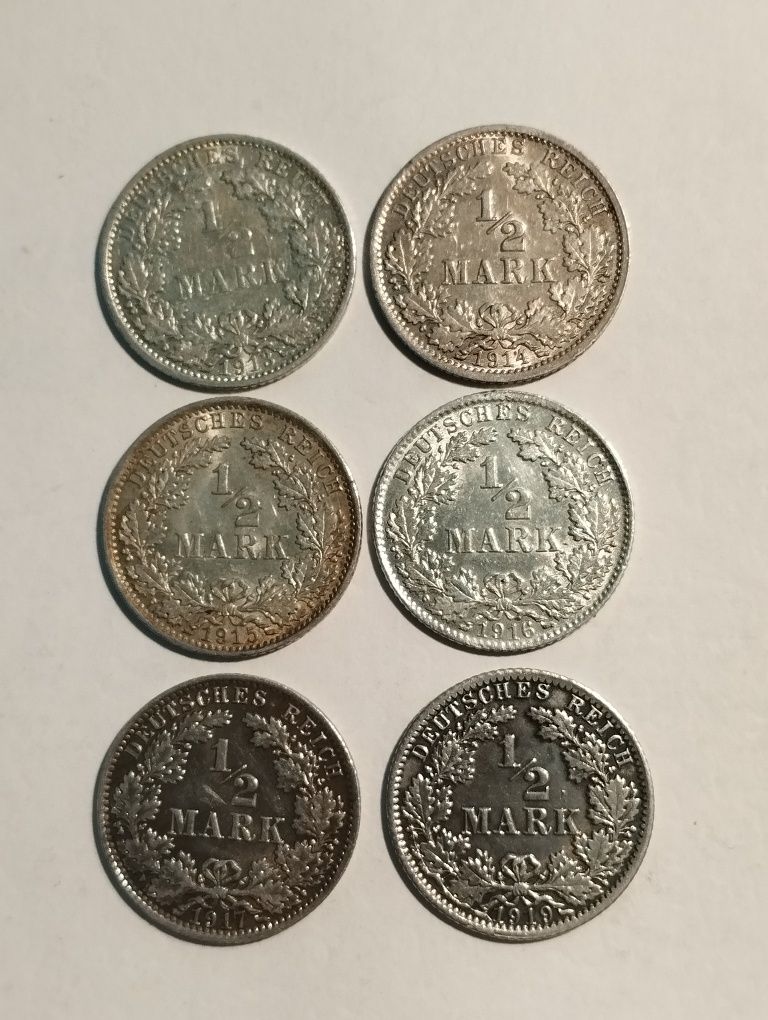 Moedas de 1/2 Marco Alemão em prata 900 de 1905 a 1919