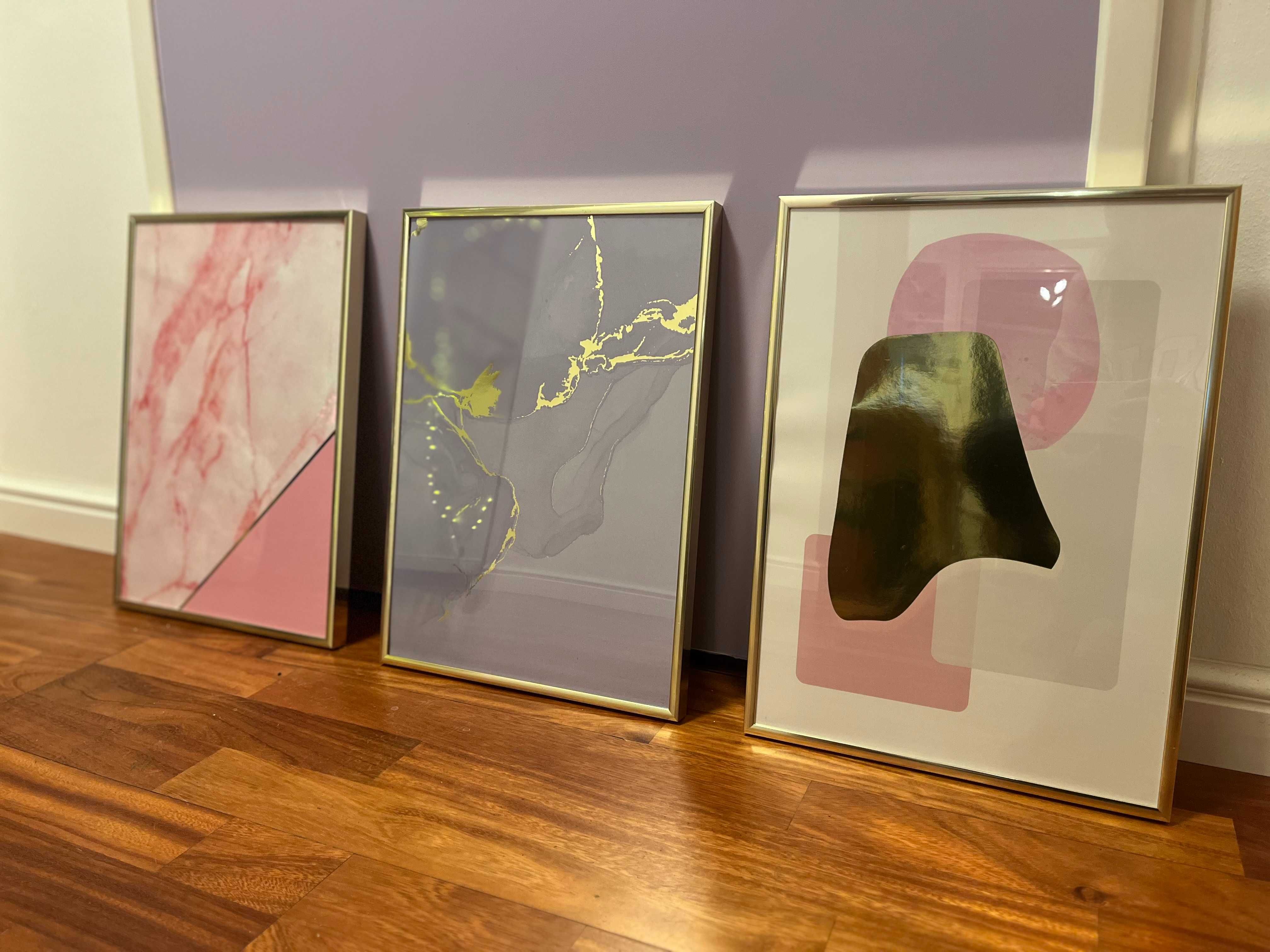 3 plakaty róż, złoto, w złotych ramkach A3, glamour, nowoczesny
