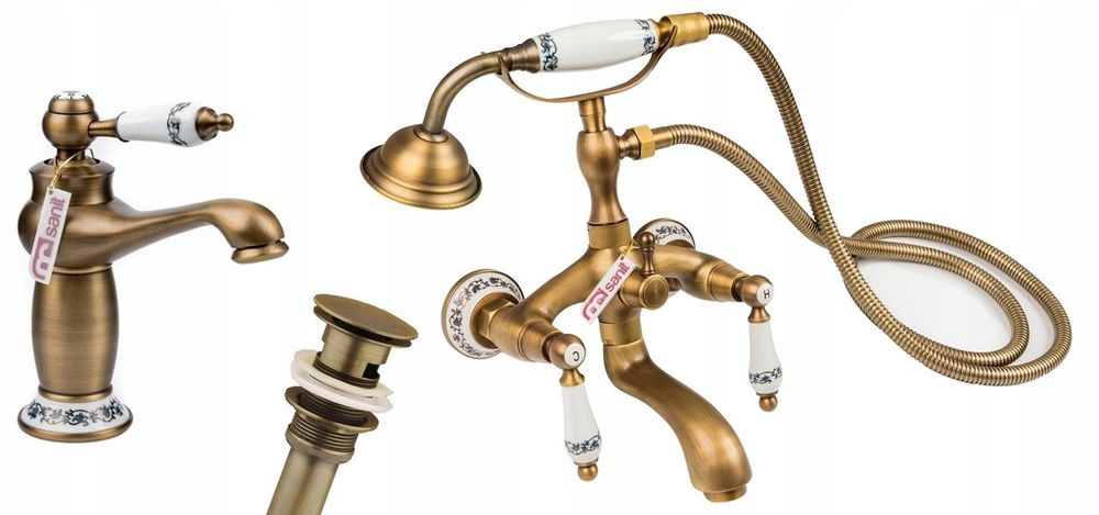 RETRO bateria umywalkowa wannowa korek stare złoto