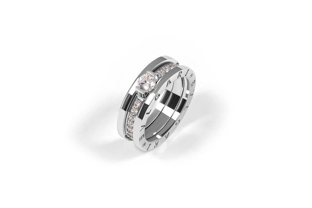 Двойное кольцо из белого золота с фианитами