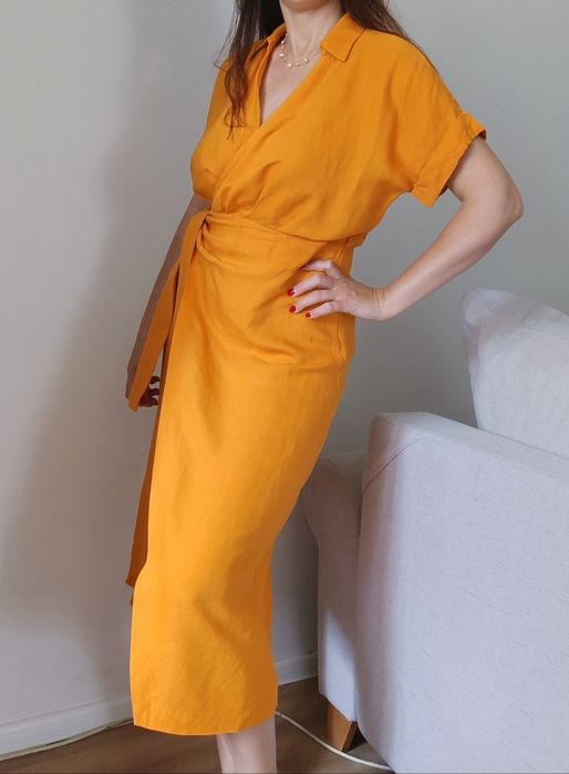 Sukienka kopertowa midi Massimo Dutti z lnem, rozm.S