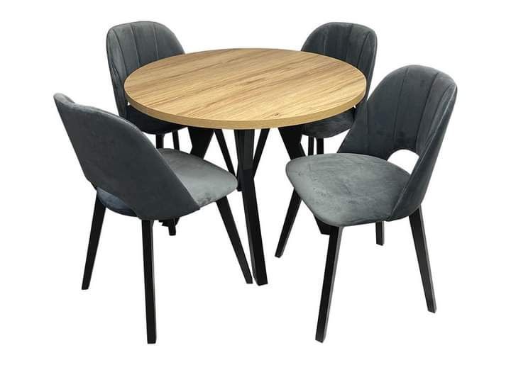 Stół okrągły 100+40 + 4 krzesła tapicerowane Maja 2