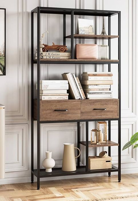 5-poziomowa regał na książki z 2 szufladami, wolnostojąca szafka