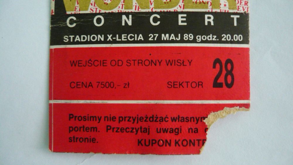 Bilet na kocert Stevie Wonder w 1989 w Warszawie stary