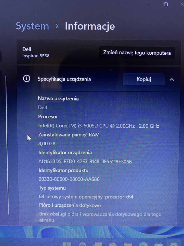 DELL Inspiron 3558 win 11 pro SSD 250 GB