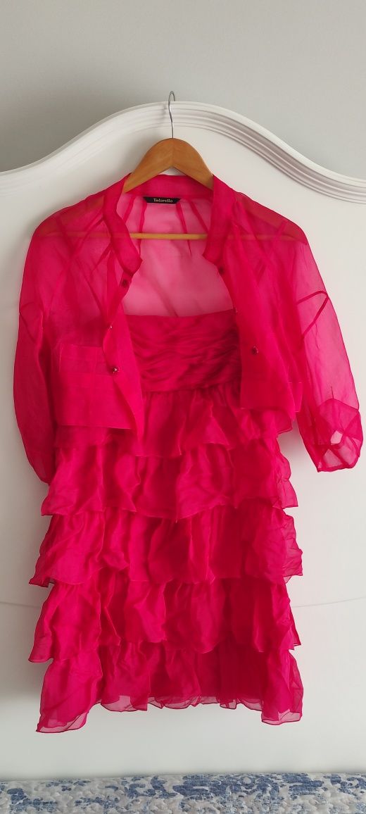 Conjunto de seda vestido & jaqueta cerimónia c/ folhos fuxia