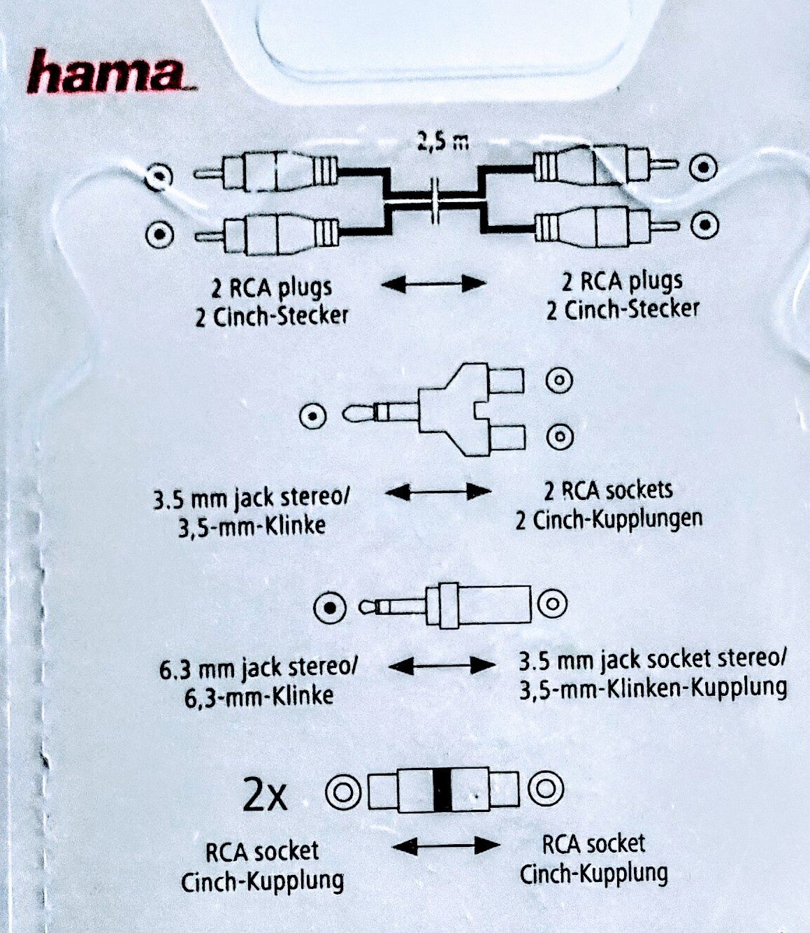 Kabel cinch RCA stereo + zestaw adapterów