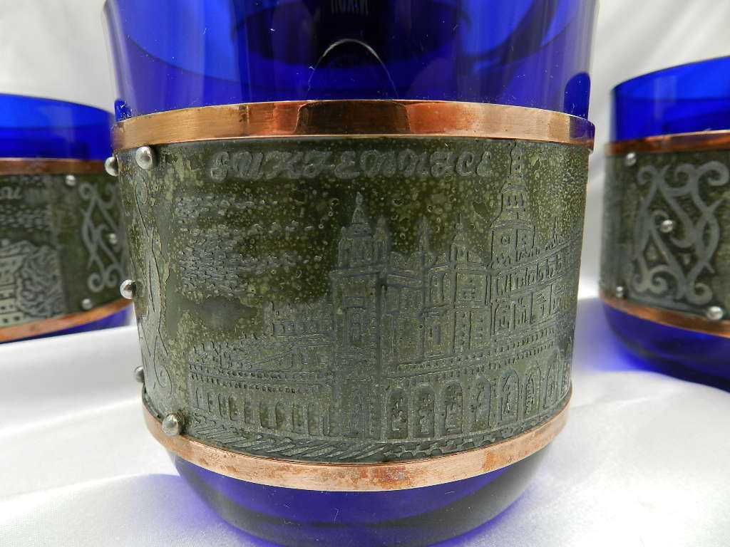 Kobaltowy okuwany zestaw do napojów KRAKÓW Huta Hortensja lata 70-80te