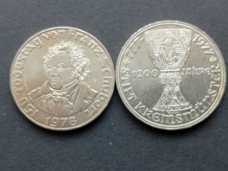2 moedas de 50 e 100 Shillings 1977 novas Austria prata comemorativas