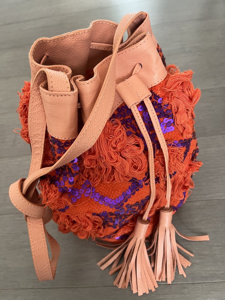 Torebka worek boho hobo Antik Batik pomaranczowa fioletowa cekiny