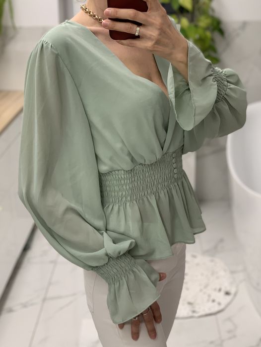 Bluzka mietowa z szyfonu bufiaste rekawy boho romantyczna na lato 40