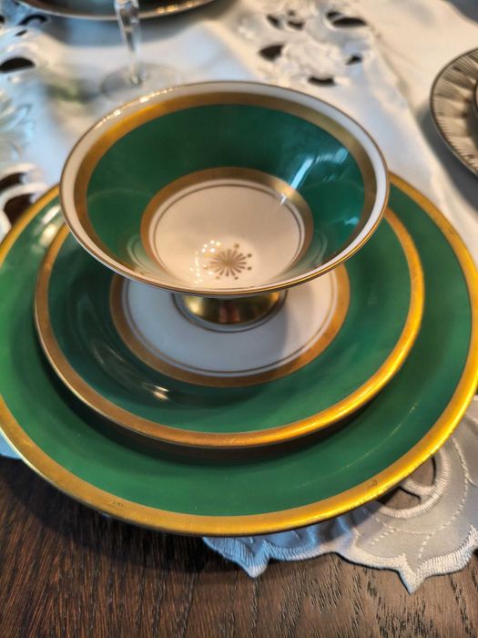 Trio kawowe Bavaria – Johann Seltmann – zielone ze złotem (lata 40–50)
