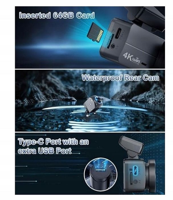 Wideorejestrator kamera samochodowa 4K wifi przód tył 2w1