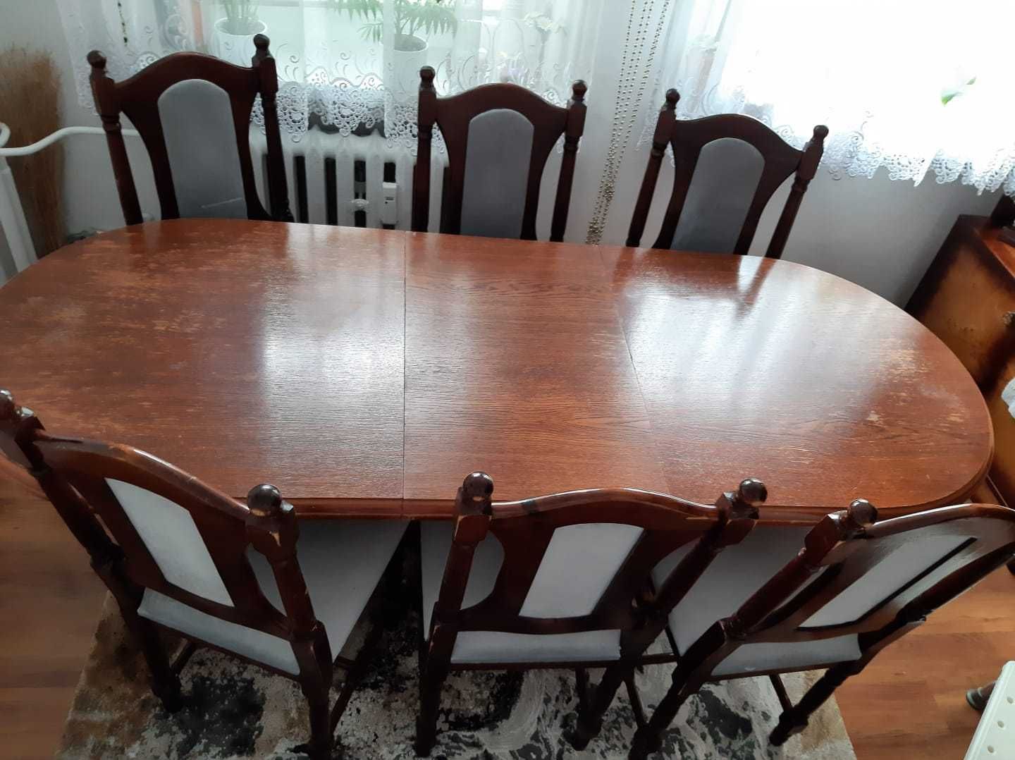 Stół drewniany rozkładany z regulacją wysokości + 6 krzeseł komplet