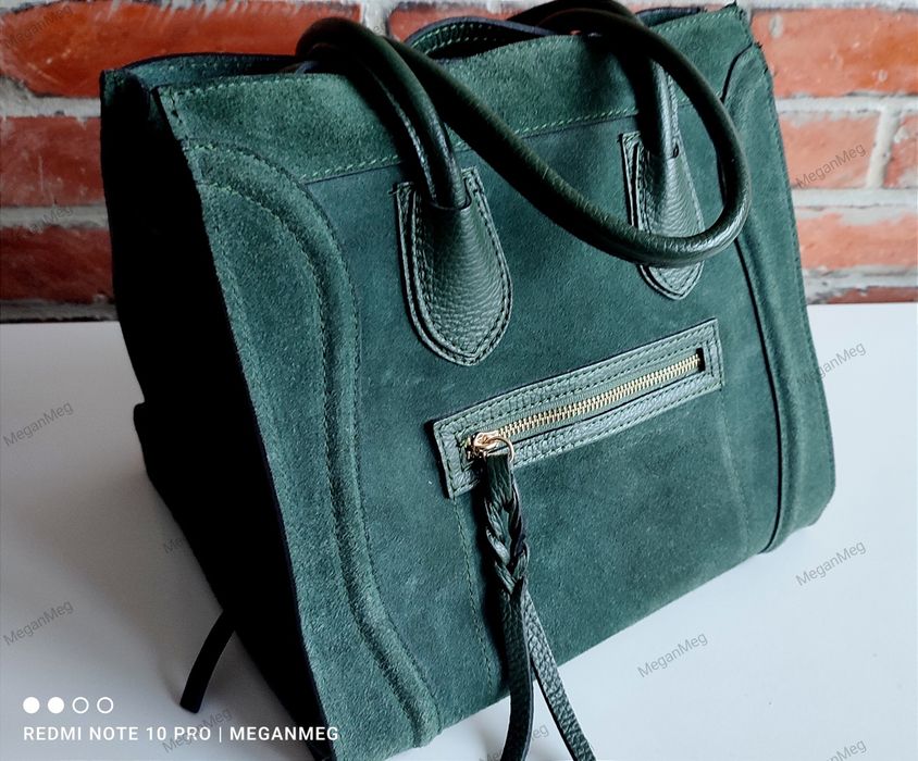 Shopper bag torebka damska skóra naturalna zamszowa khaki celine