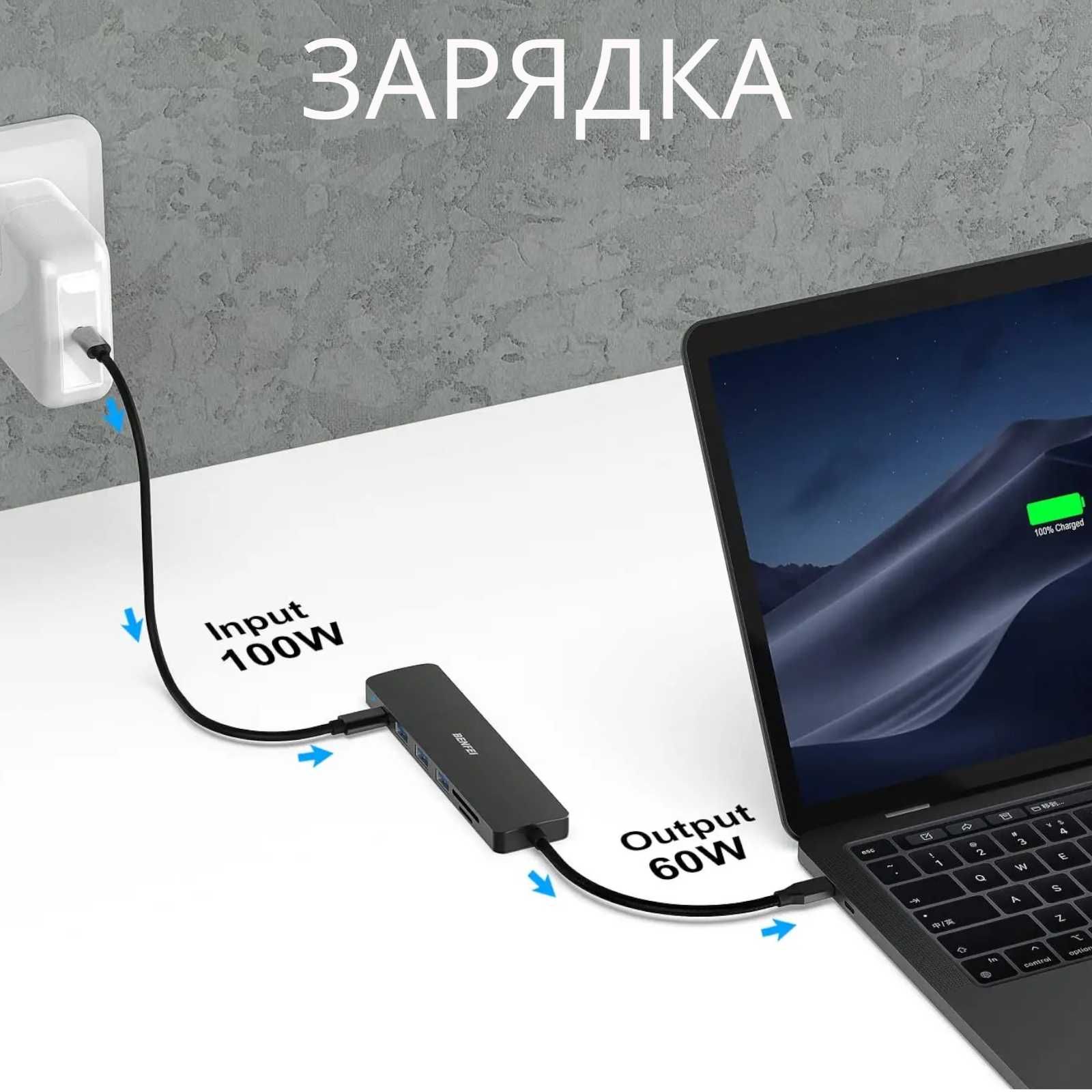 USB хаб перехідник Type-C розгалужувач 3хUSB 3.0 HDMI SD TF Type-C PD