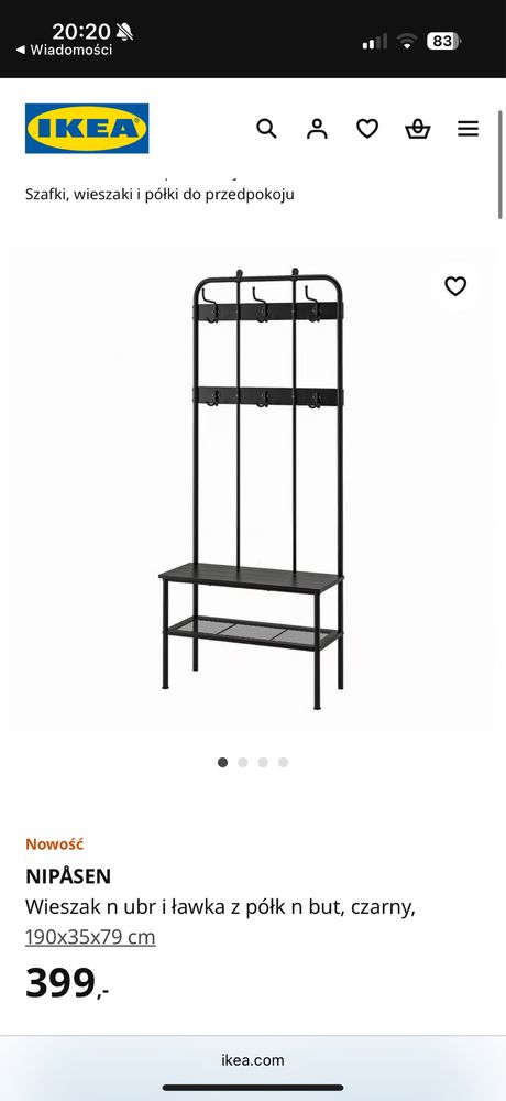 Nowy NIPÅSEN  Wieszak na ubrania i ławka z półką na buty, czarny, IKEA