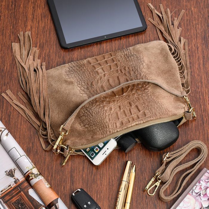 Damska włoska skórzana torebka croco frędzel pasek stylowa casual nowa