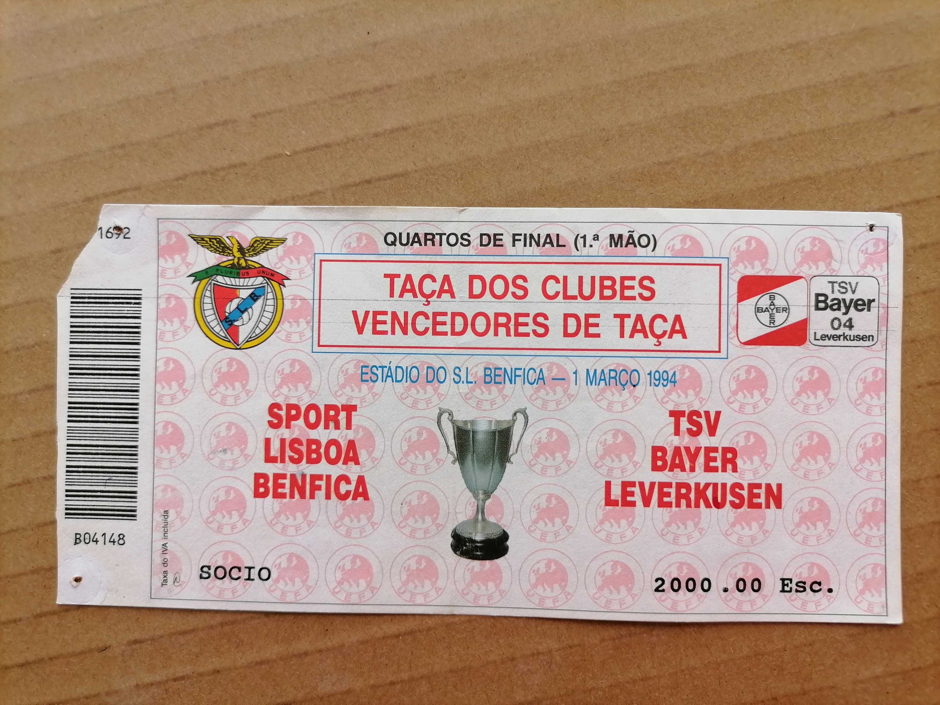 Bilhete BENFICA vs Bayer Leverkusen  Taça das Taças 1992 EUSÉBIO Verso