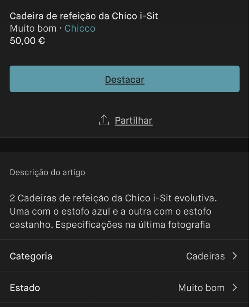 2 Cadeiras de refeição  Chicco I-sit evolutivas - cada