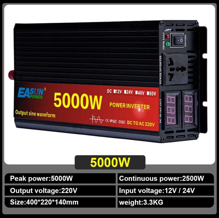Inversor solar, Display LCD, DC 12V 
24V a 220V ac 5000W novo