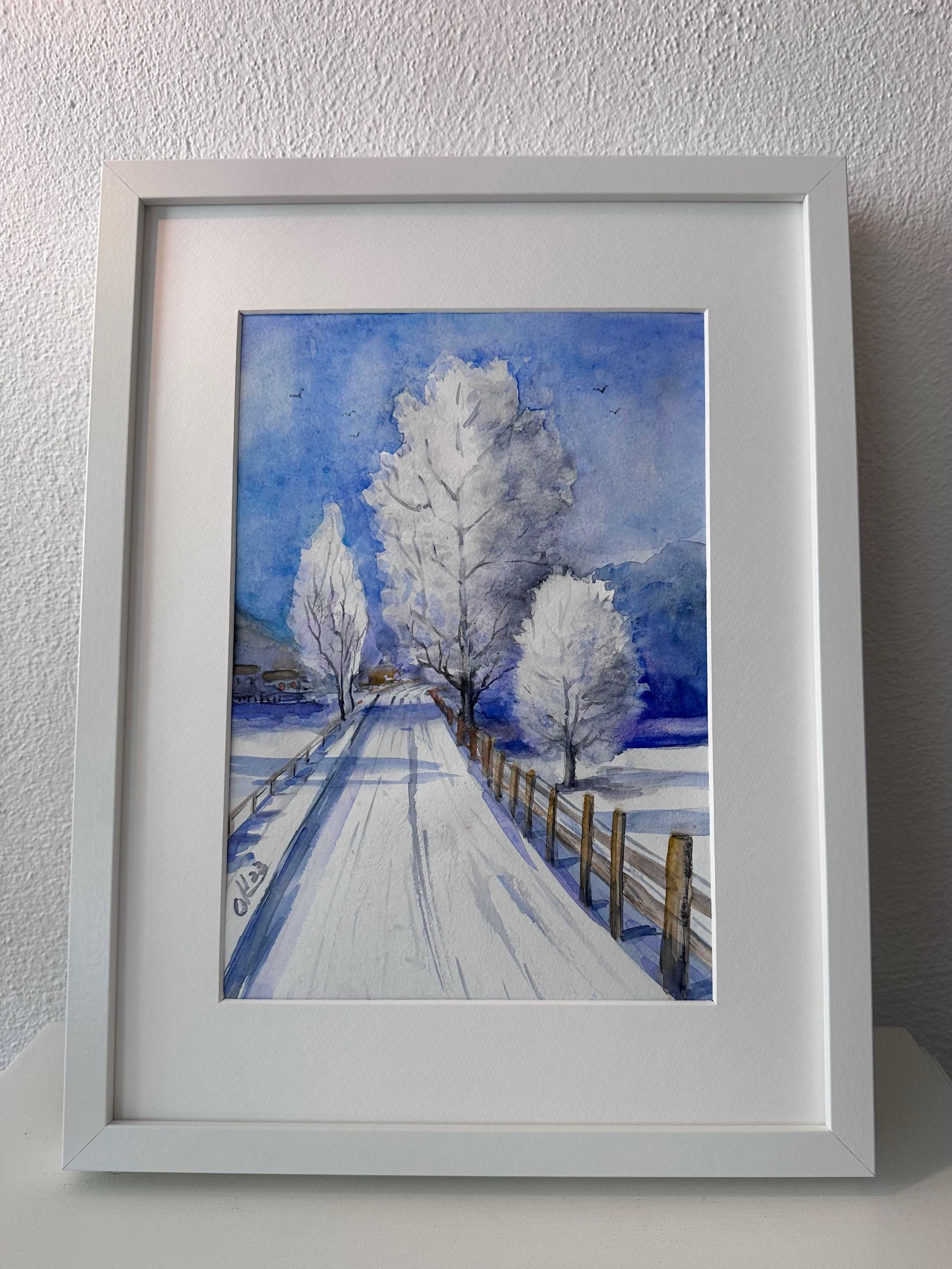 Pintura a aguarela com moldura, Inverno /framed art painting, Winter