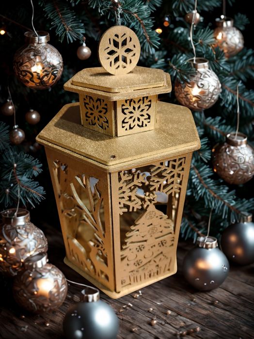 Drewniany lampion roratni z motywem świątecznym