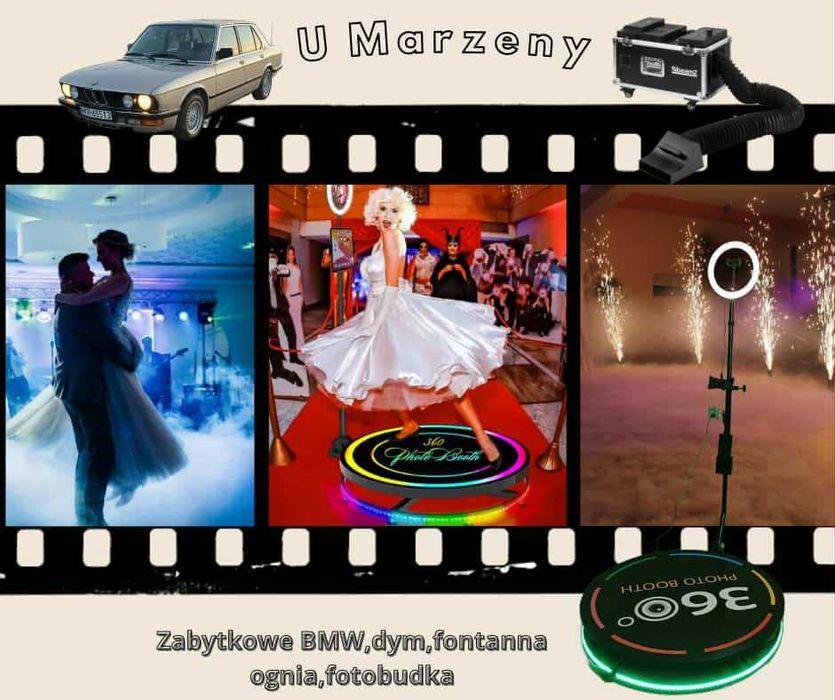 Wynajem Fotobudka 360, samochód, ciężki dum, fontanna iskier